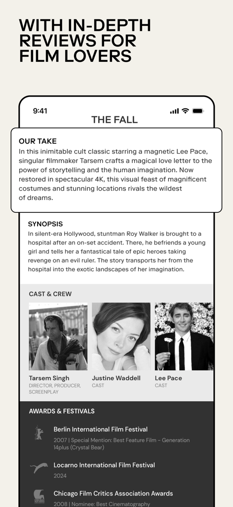 MUBI: Stream Great Cinema - MUBI app interface showing in-depth movie reviews, synopsis, cast, and festival awards.