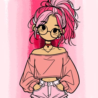 girl with a messy ponytail glasses a baggy crop top and jean shorts