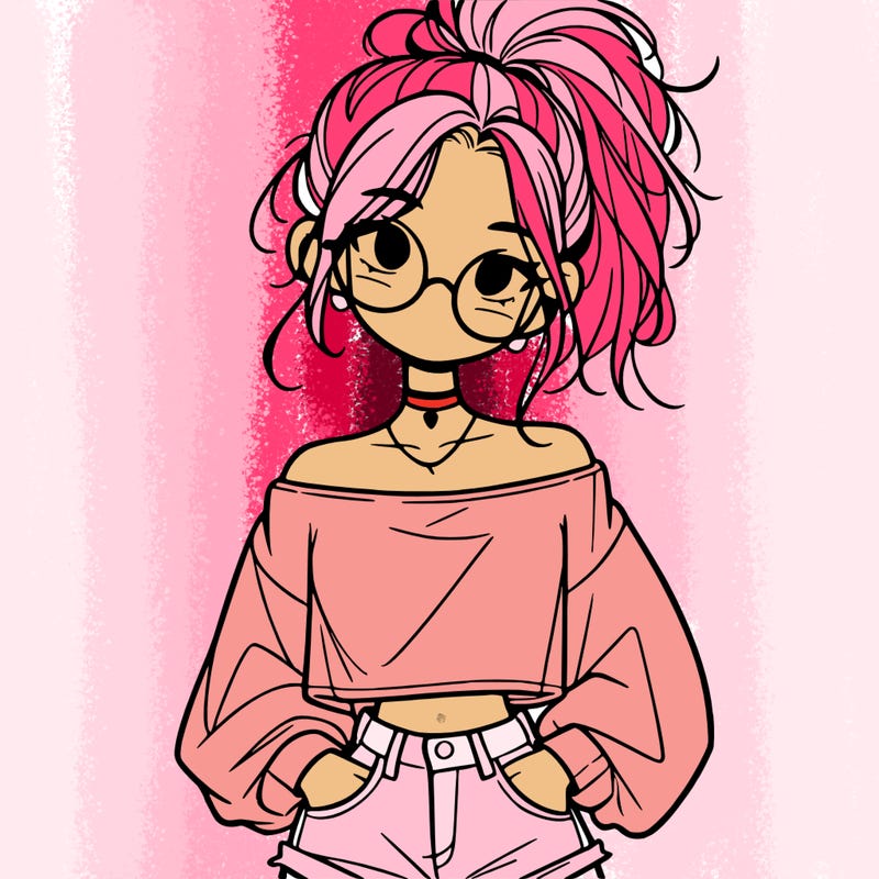 girl with a messy ponytail glasses a baggy crop top and jean shorts