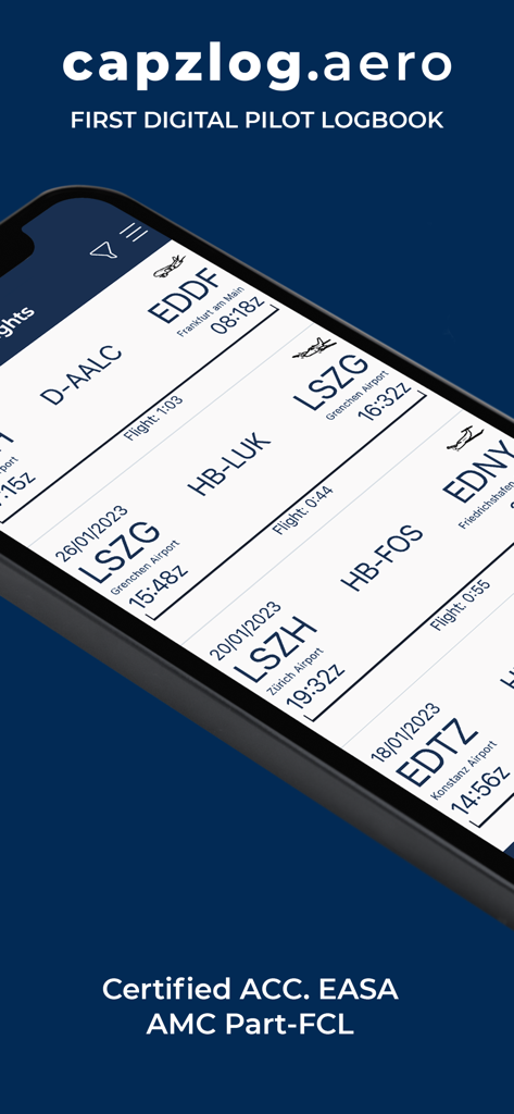 capzlog.aero pilot logbook - A mobile screen showing a list of flight entries and EASA certification on the capzlog.aero pilot logbook app.