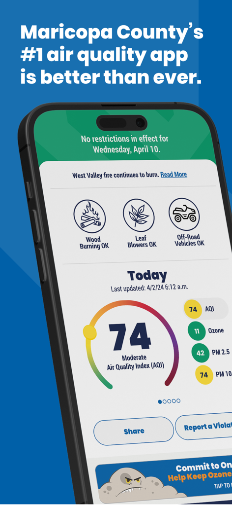 Maricopa County Clean Air app screen showing a moderate air quality index of 74 and activity status for wood burning and leaf blowing