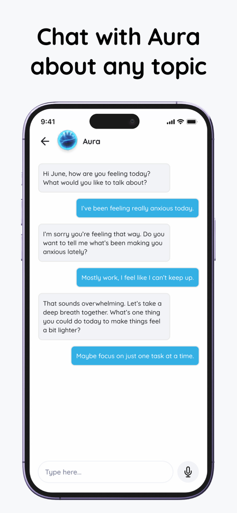 AI Mental Assistant: mindlee - Mindlee app chat interface showing a user discussing work anxiety with the AI companion Aura.