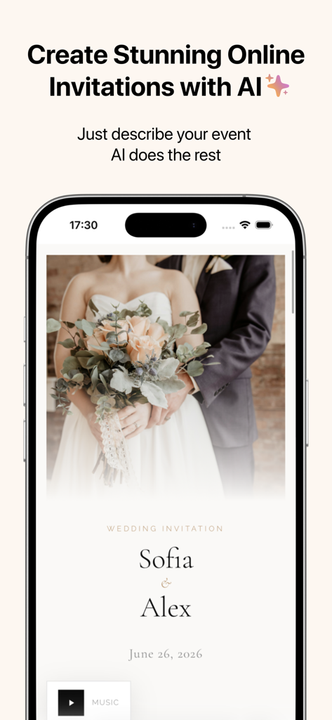 Invites — AI Invitation Maker - An elegant wedding invitation for Sofia and Alex created using AI on a mobile phone screen