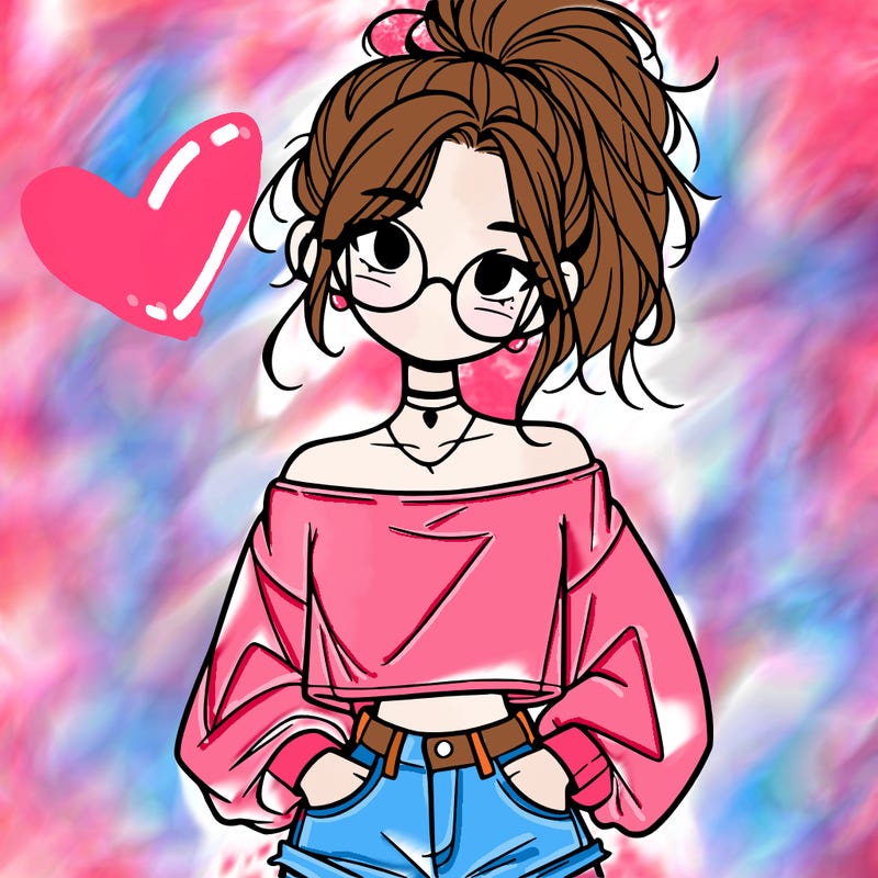 girl with a messy ponytail glasses a baggy crop top and jean shorts