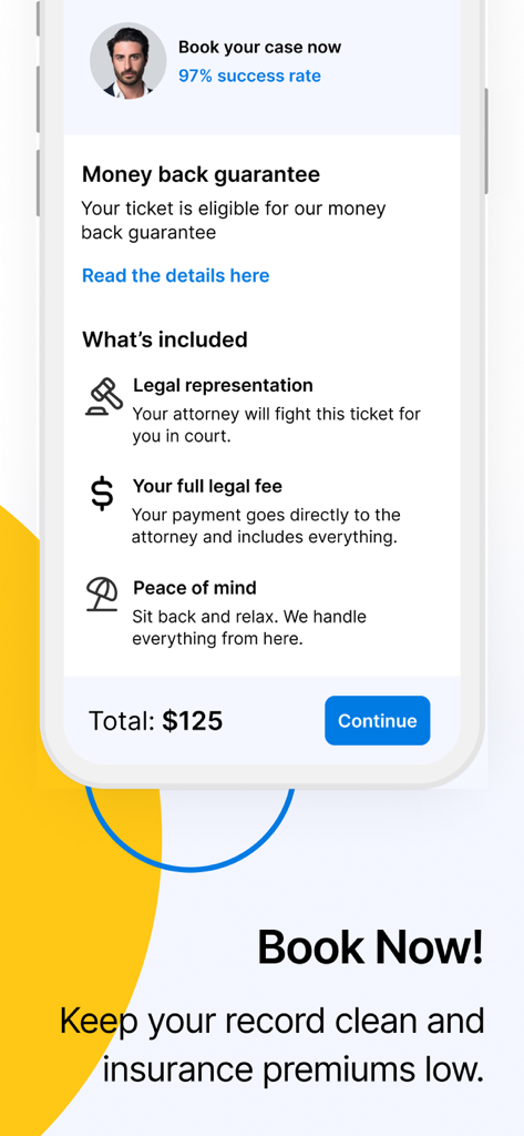 Off The Record: Ticket Lawyer - Off The Recordアプリのモバイルインターフェースで、交通違反切符のケースの予約詳細、法廷弁護士費用、および返金保証が表示されています