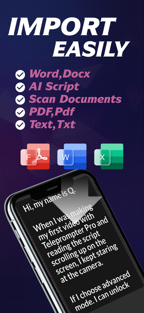 Teleprompter - Floating Script - Un écran de smartphone montrant les options d'importation de script pour Word, PDF et scripts IA dans l'application de téléscripteur.