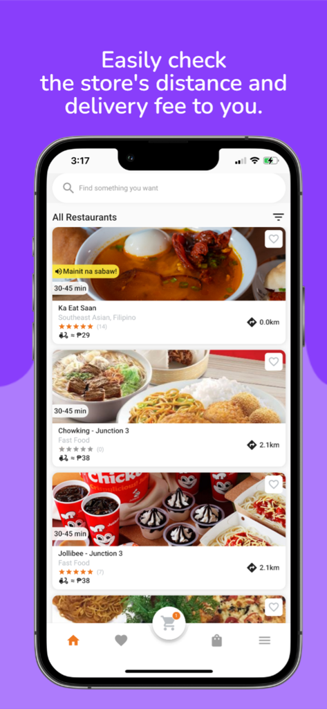 Deliverya - Deliverya app screen showing restaurant listings with distance and delivery fee information
