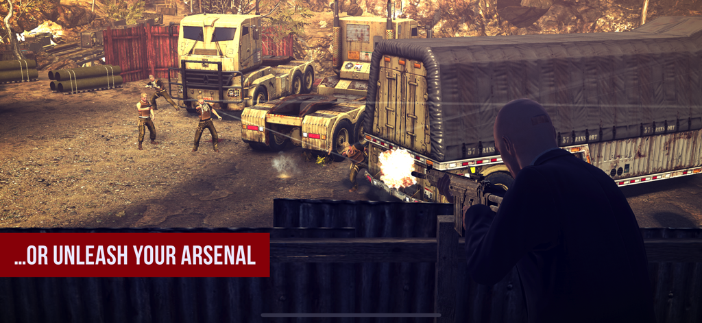 Hitman: Absolution - Agent 47 aiming a rifle at multiple enemies near large trucks in a combat mission