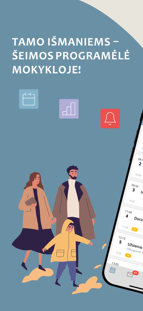 An illustration of a family next to a smartphone displaying the TAMO Ismaniems school schedule and education diary app.