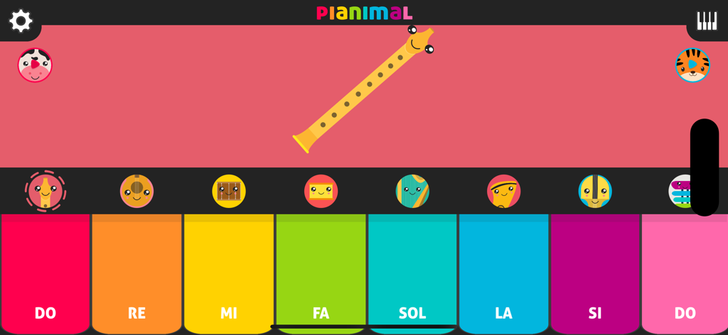 Colorful toddler piano interface in Pianimal Musical app featuring a cartoon flute and musical notes