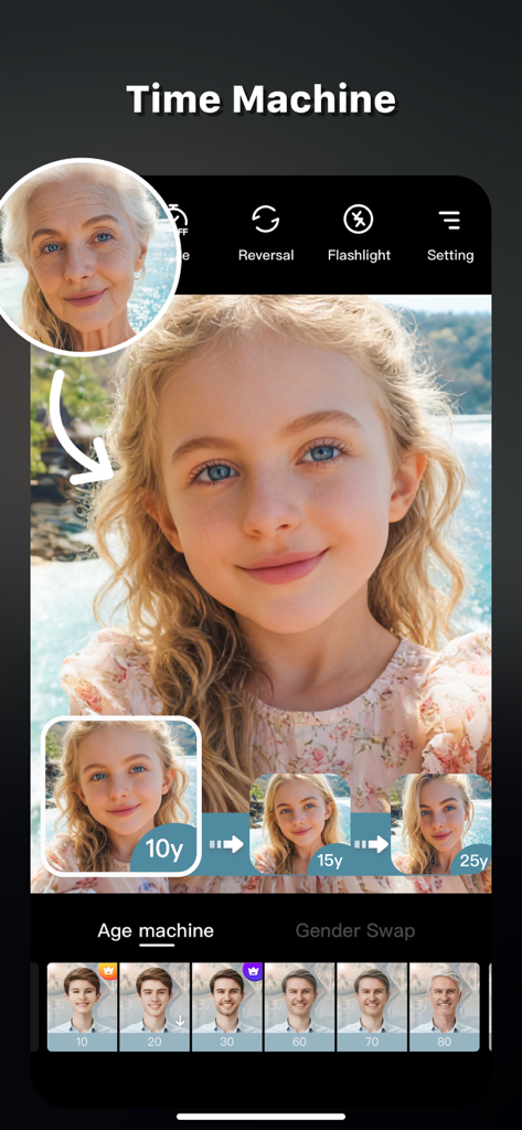 Interface do aplicativo Timor mostrando o filtro Máquina do Tempo com efeitos de envelhecimento facial