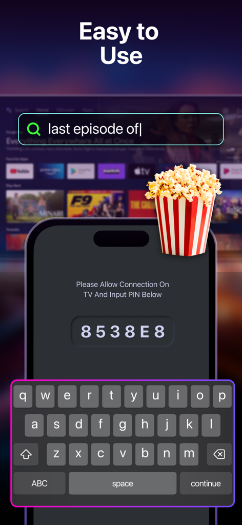 Interfaz de la aplicación Smart Remote Control mostrando el teclado del iPhone para facilitar la entrada de texto y la conexión de PIN en un Smart TV