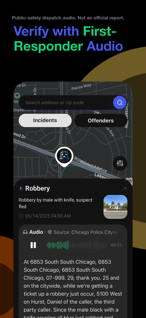 CrimeRadar Dispatch Audio - CrimeRadar app interface showing a robbery incident on a map with police dispatch audio and transcript