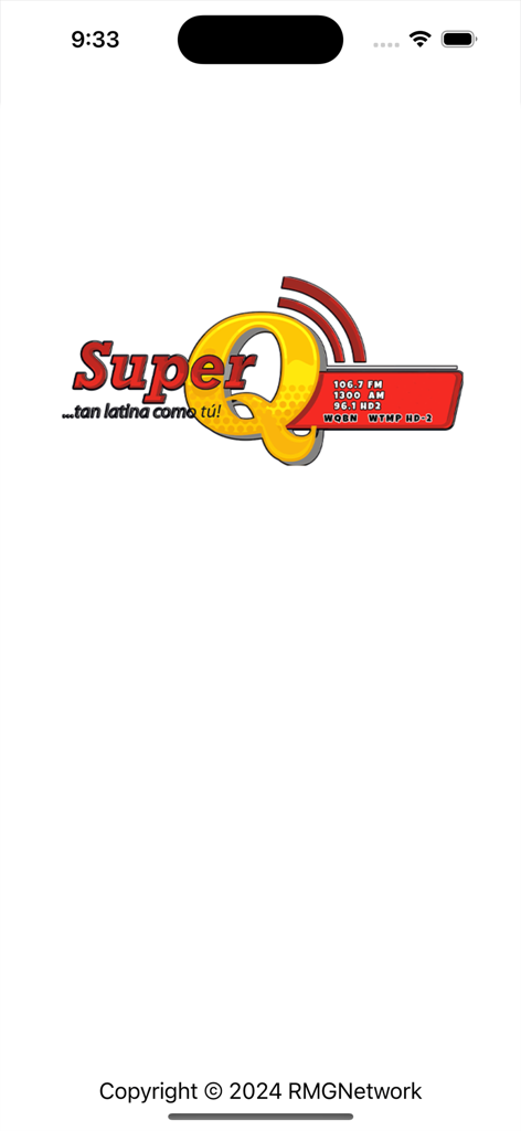 Super Q. - Pantalla de inicio de la app de radio Super Q con el logo de la estación y las frecuencias de transmisión