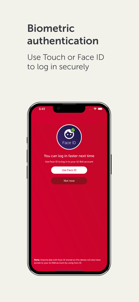 AJ Bell - Biometric authentication screen in the AJ Bell investment app