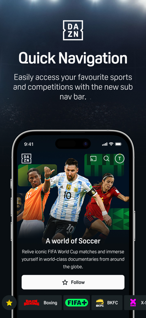 DAZN app interface showing the quick navigation sub-bar for sports categories including boxing and soccer