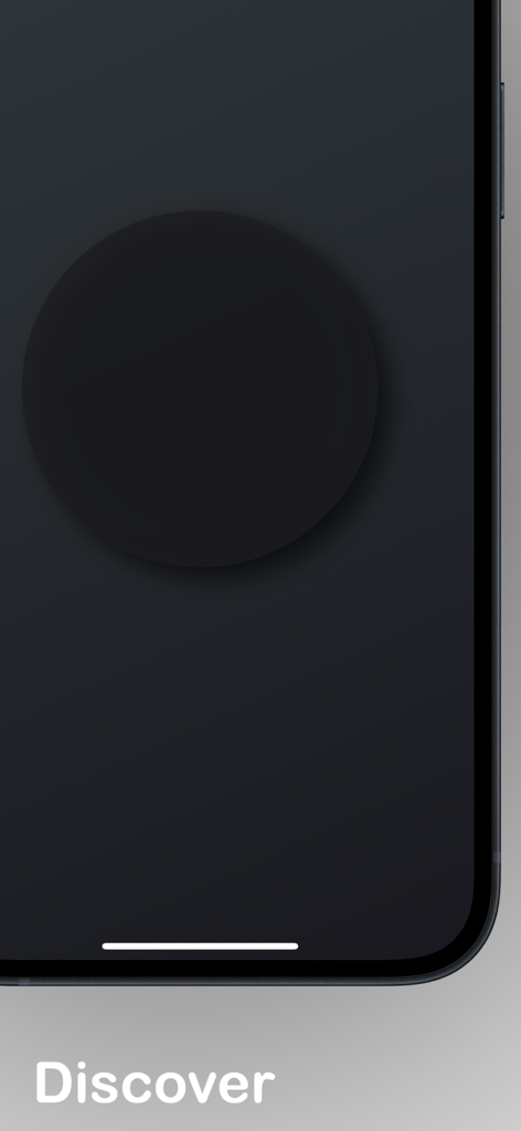 Minimalist mobile interface of One Fast Finger game showing a large dark circular button and the word Discover