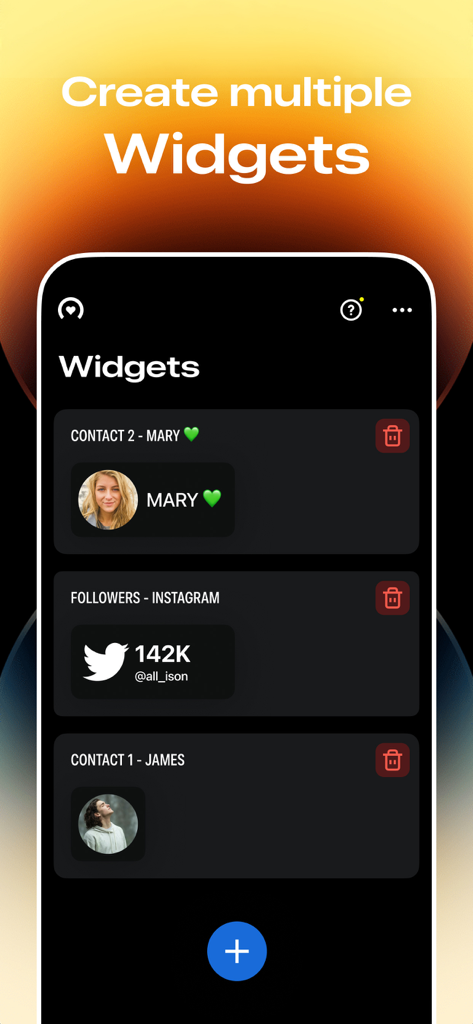 Lock Screen 17 Widget - Interface for creating and managing multiple lock screen widgets including contacts and follower counters