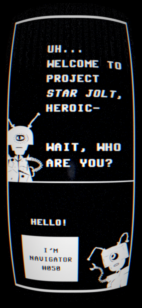 Star Jolt: Retro Space Arcade - Retro style pixel art dialogue screen from Star Jolt featuring robot characters