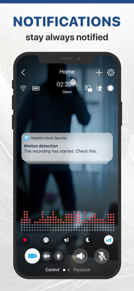 ZoomOn Home Security Camera - iPhone screen displaying a motion detection notification from the ZoomOn Home Security Camera app