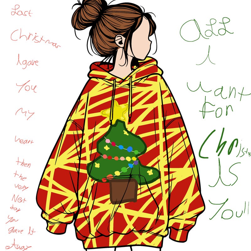 realistic girl with a oversized sweatshirt on and a bun