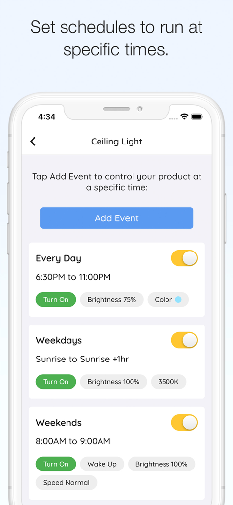 Hubspace - Hubspace app interface for setting custom schedules for smart ceiling lights