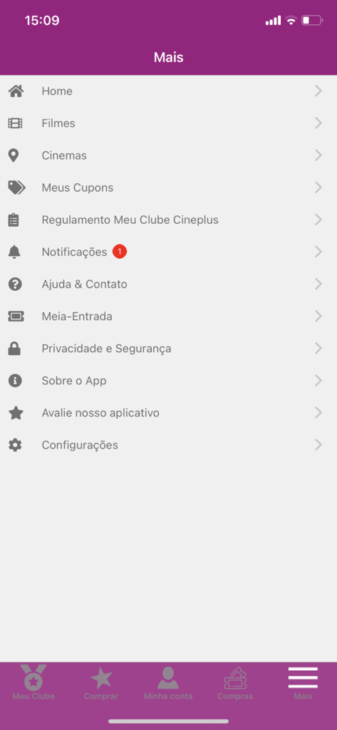 Cineplus - Écran du menu de l'application mobile Cineplus avec des options pour les films, les cinémas et les paramètres du club de fidélité