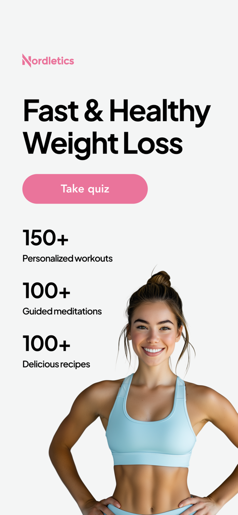 Écran d'accueil de l'application Nordletics montrant les fonctionnalités de perte de poids avec des entraînements personnalisés et des recettes saines