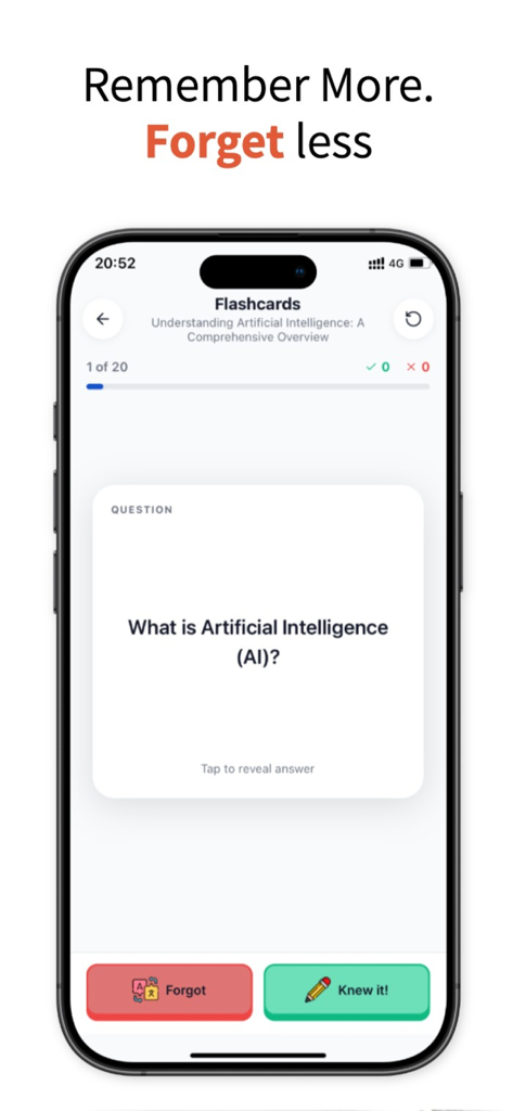 Growi: AI Productivity-Growth - Écran d'iPhone montrant la fonction de cartes mémoire dans l'application Growi pour étudier l'intelligence artificielle