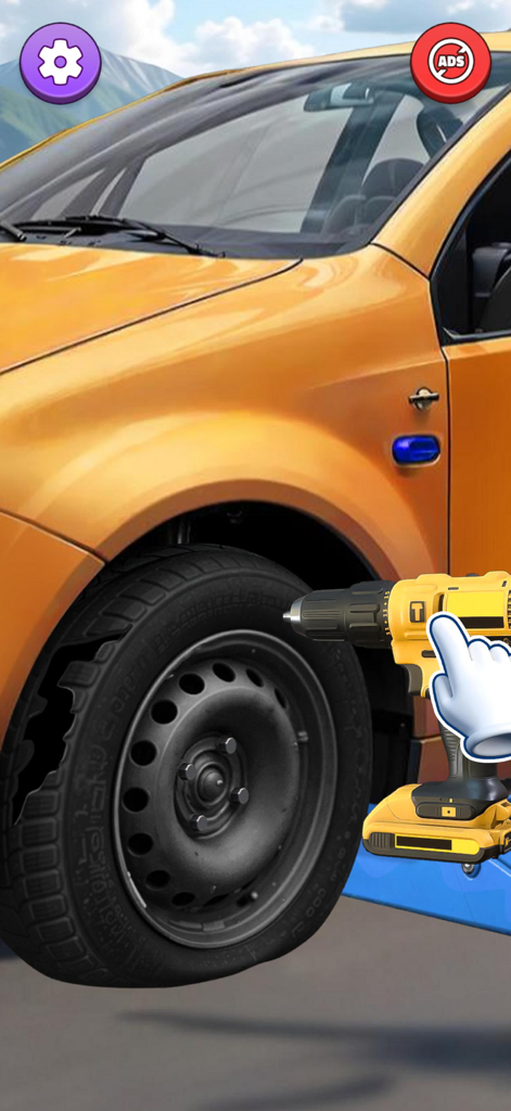 Car Satisfying: Cleaning ASMR - 満足感のあるASMRゲームで、オレンジ色の車のホイールをドリルで修理している様子