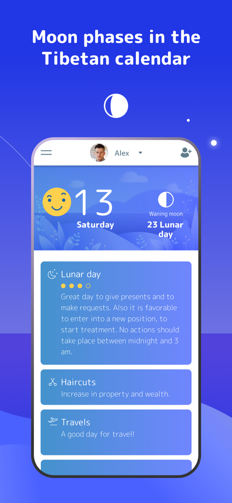 Daily Tibetan horoscope app showing lunar calendar phases and recommendations for activities like haircuts and travel