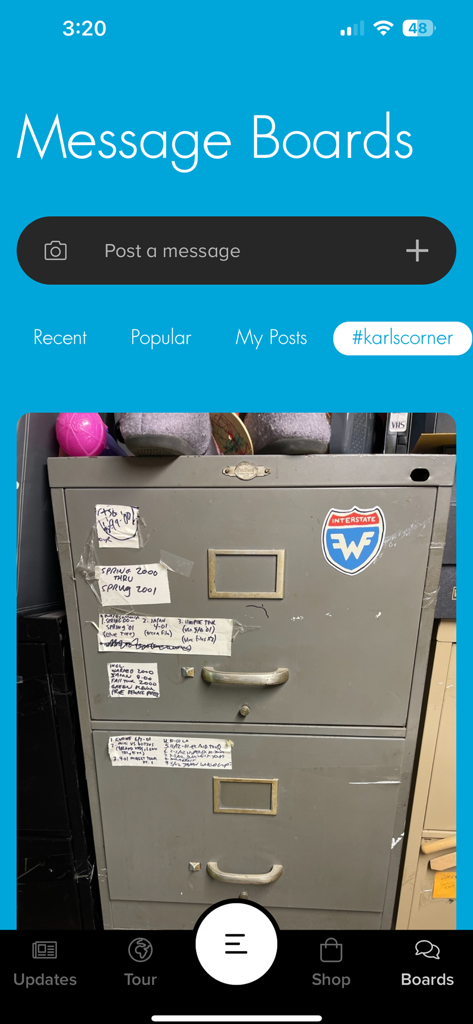 Weezer Fan Club - Weezer Fan Club app message boards screen featuring exclusive band archives from Karls Corner