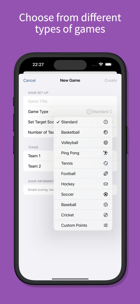 ScoreBoard - Score keeper + - iPhone screen showing a list of sport presets like basketball and tennis in the ScoreBoard app