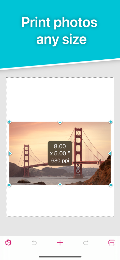 Screenshot of the Print to Size app showing a photo being resized to eight by five inches with PPI resolution details