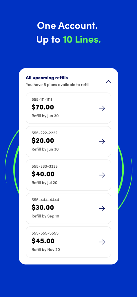 Tracfone Wireless My Account - Tracfone app interface showing refill management for up to ten phone lines on a single account