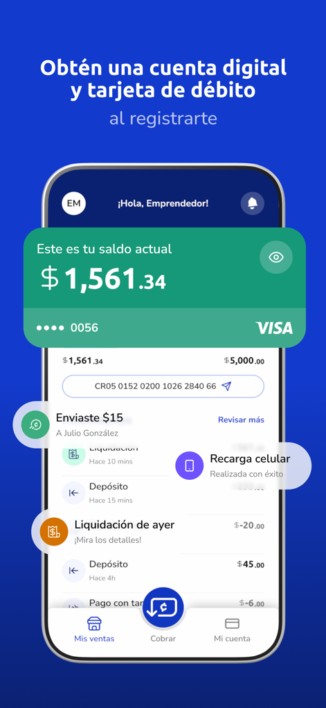 Interfaz de la aplicación móvil Poket que muestra el saldo de la cuenta digital y el historial de transacciones en español