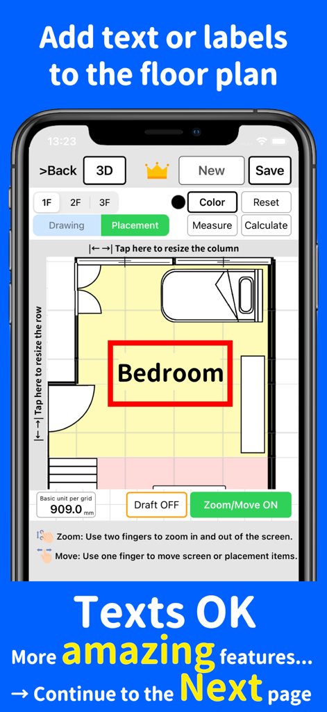 Floor Plan Creator - Madory - Mobile App-Oberfläche des Grundriss-Erstellers Madory, die einen Schlafzimmer-Grundriss mit hinzugefügten Textbeschriftungen zeigt.