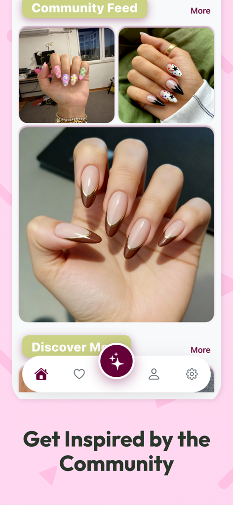 AI Nail Art Try On - CutieCure - CutieCure app community feed displaying various trending nail art designs and inspiration on real hands