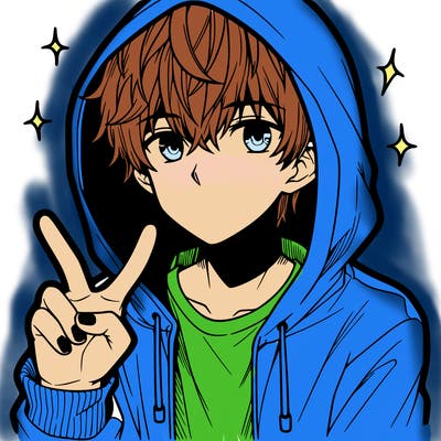 teenage manga boy in a hoodie, doing ✌