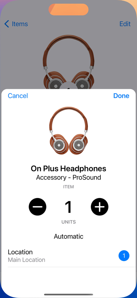 Inventory for Business - Mobile app interface for tracking stock levels of headphones in a business inventory system