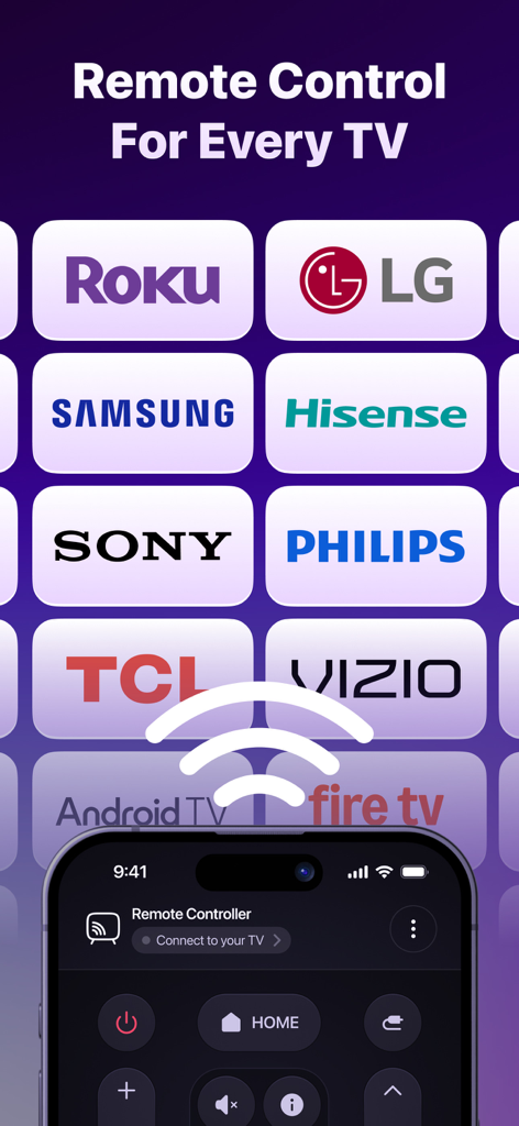 Total TV: Universal Remote - Captura de pantalla de la aplicación Total TV Universal Remote mostrando compatibilidad con Roku, LG, Samsung, Sony y otras marcas importantes de televisores