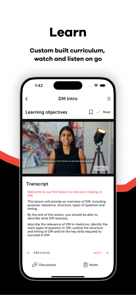 MedEntry - MedEntry mobile app interface showing a video lesson and a lesson transcript for UCAT exam preparation.
