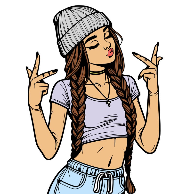 realistic teenage girl with braids and a beanie and crop top doing 🫶🏼