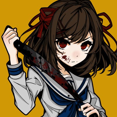 a anime girl holding a knife and the knife has blood on it