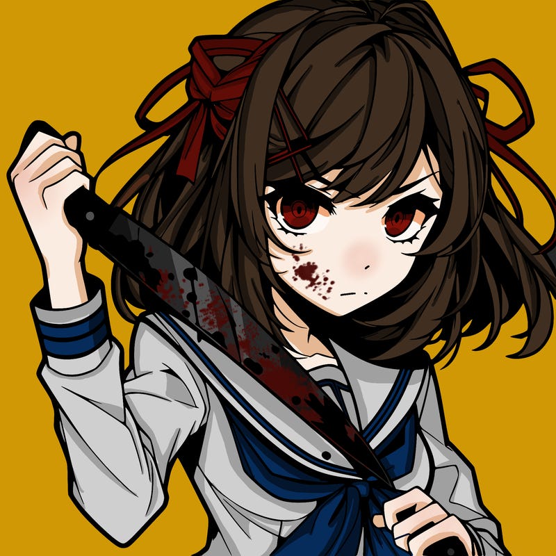 a anime girl holding a knife and the knife has blood on it