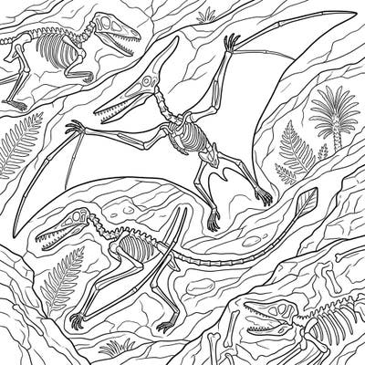 Embark on an archaeological journey with this captivating coloring page featuring magnificent pterodactyl skeletons. Discover a world of ancient fossils waiting for your creative touch.