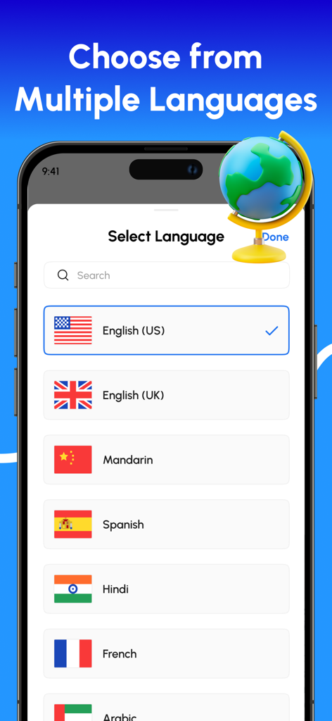 Speech to Text – Voice Typing - Speech to text app language selection screen featuring various global languages like English Spanish and Mandarin