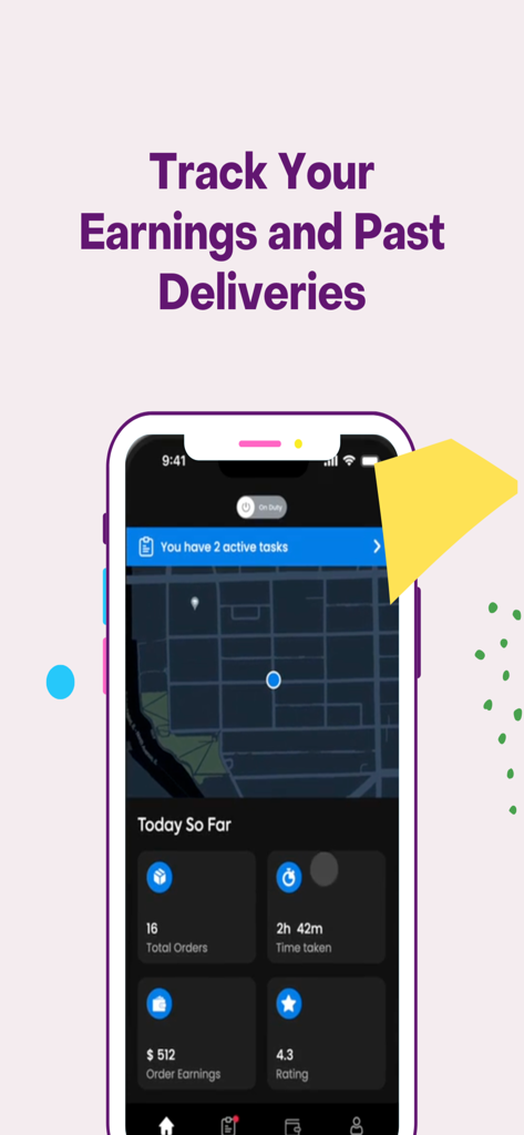 Island Run Driver app dashboard showing earnings, total orders, and time taken for deliveries.