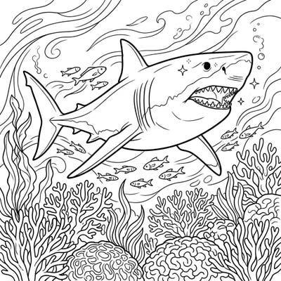 Explore the depths of the ocean with this thrilling Great White Shark coloring page. Perfect for shark enthusiasts, this detailed illustration brings the apex predator and its coral reef habitat to life.
