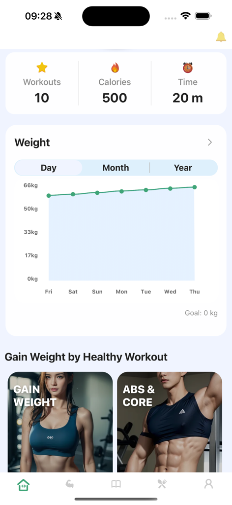 Workout for Underweight - Workout for Underweight app dashboard with weight tracking graph and workout categories